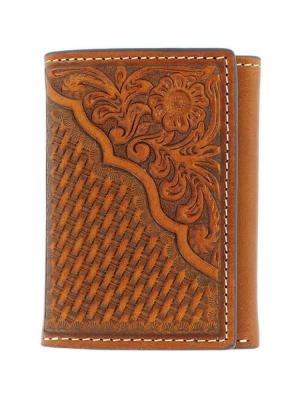 Nocona Pro Tri-fold Basketweave/Floral Tooled Wallet