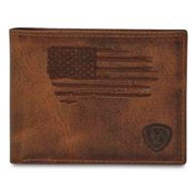 ARIAT Men's BiFold Distressed Stitching USA Flag Logo Wallet